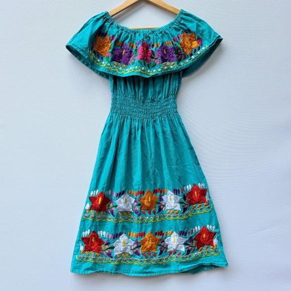 Teal Floral Embroidered Mexican Dress Off Shoulder Ruffle Smocked Waist Boho - Picture 1 of 4